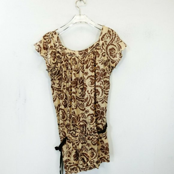 UNITED COLORS OF BENETTON Women Cream Brown Tunic Top SMALL Floral Flared Sleeve - Picture 8 of 9